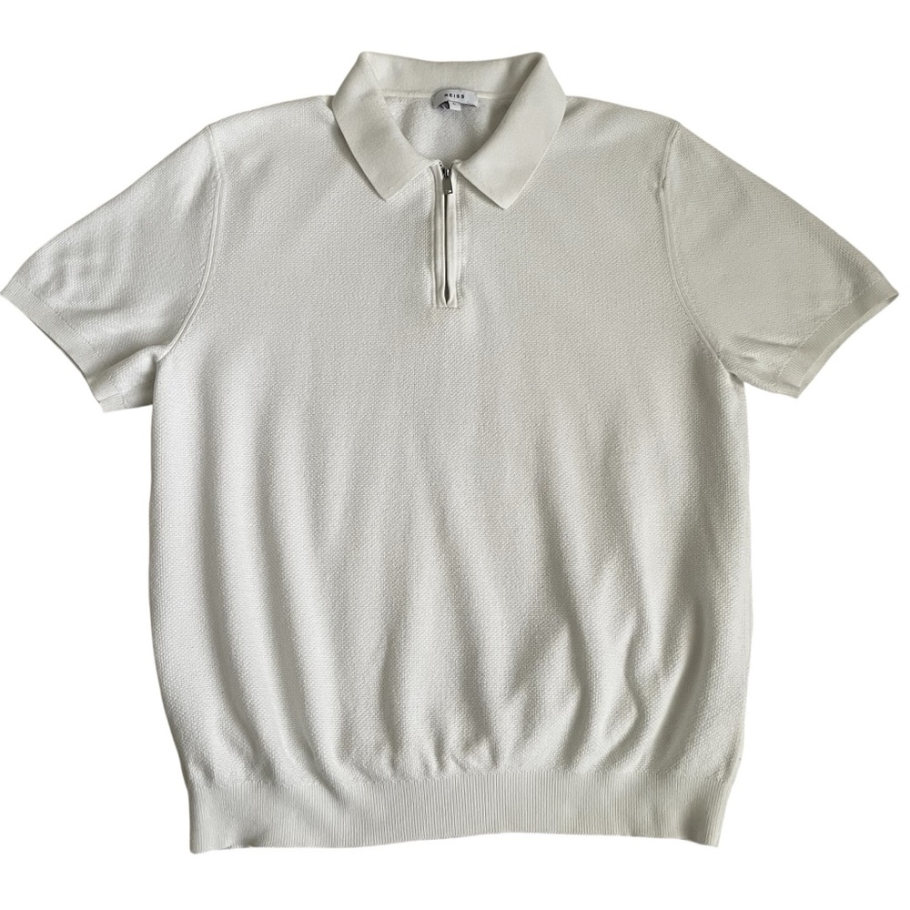 REISS Half Zip Knitted Textured Polo Shirt Mens Size Large White Short Sleeve
